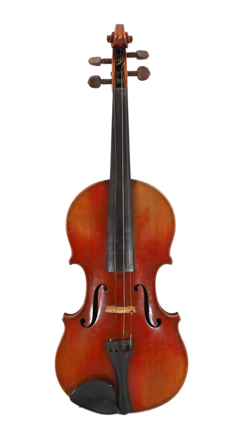 W.E.Hill & Son. An early 20th century violin bow, 74cm, violin back 37cm, overall is 59cm